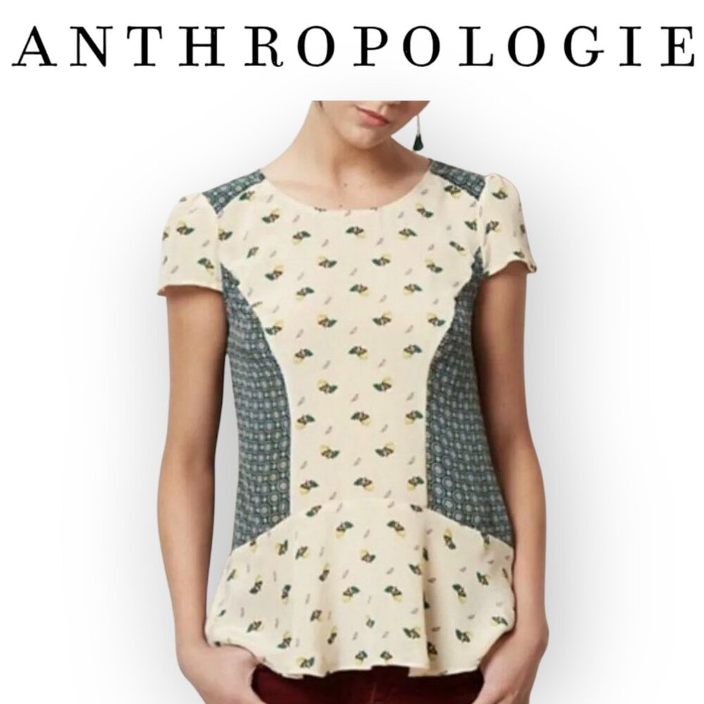 Anthropologie Cream and Green Floral Peplum Blouse
